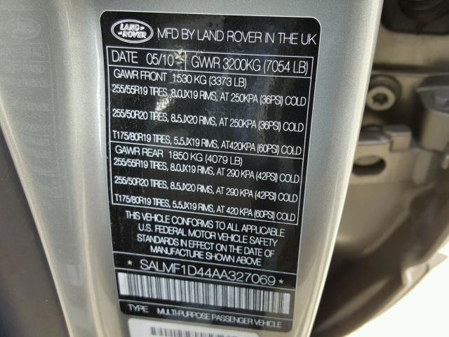 SALMF1D44AA327069 - 2010 LAND ROVER RANGE ROVE GRAY photo 10