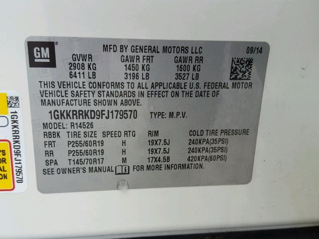 1GKKRRKD9FJ179570 - 2015 GMC ACADIA SLT თეთრი ფოტო 10