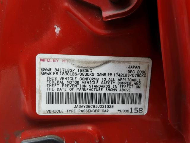 JA3AY26C91U031329 - 2001 MITSUBISHI MIRAGE ES RED photo 10