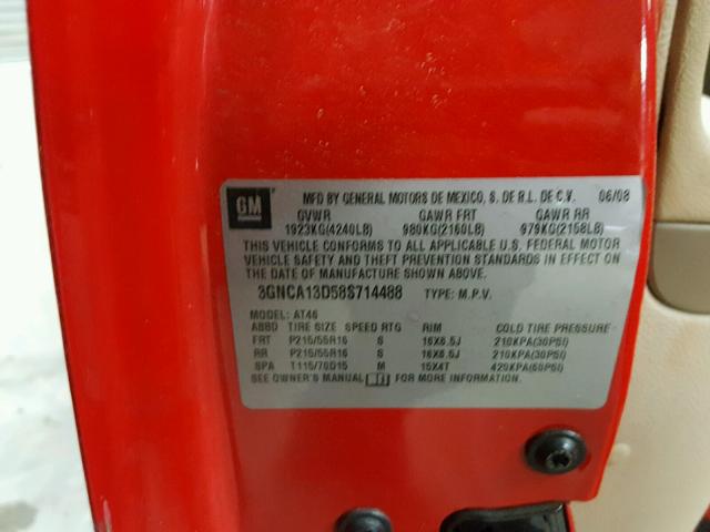 3GNCA13D58S714488 - 2008 CHEVROLET HHR LS RED photo 10