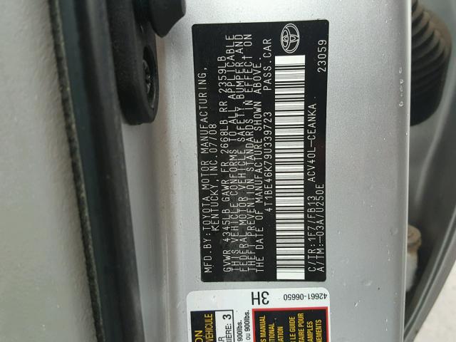 4T1BE46K79U339723 - 2009 TOYOTA CAMRY BASE SILVER photo 10