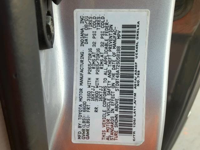 5TDBT48A72S058188 - 2002 TOYOTA SEQUOIA LI SILVER photo 10