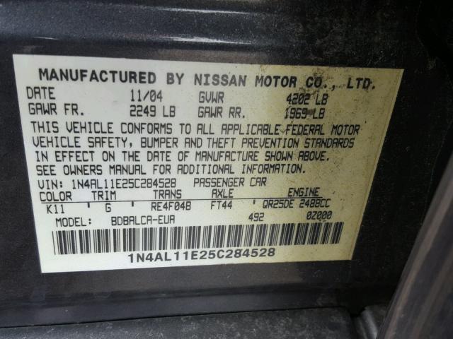 1N4AL11E25C284528 - 2005 NISSAN ALTIMA S GRAY photo 10