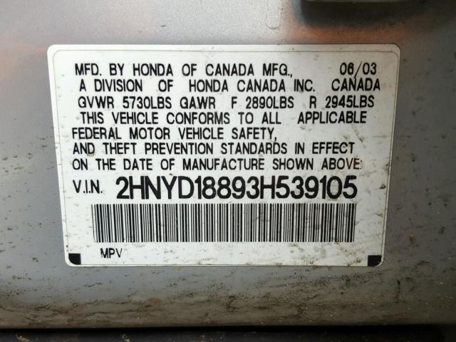 2HNYD18893H539105 - 2003 ACURA MDX TOURIN SILVER photo 10