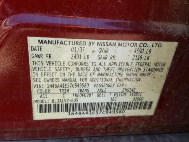 1N4BA41E57C849580 - 2007 NISSAN MAXIMA SE MAROON photo 10