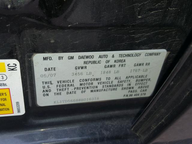 KL1TD56688B016318 - 2008 CHEVROLET AVEO BASE BLACK photo 10