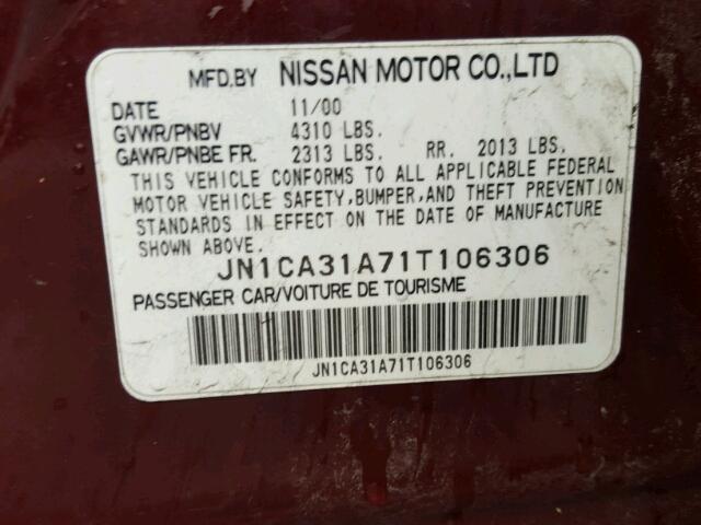 JN1CA31A71T106306 - 2001 NISSAN MAXIMA GXE BURGUNDY photo 10