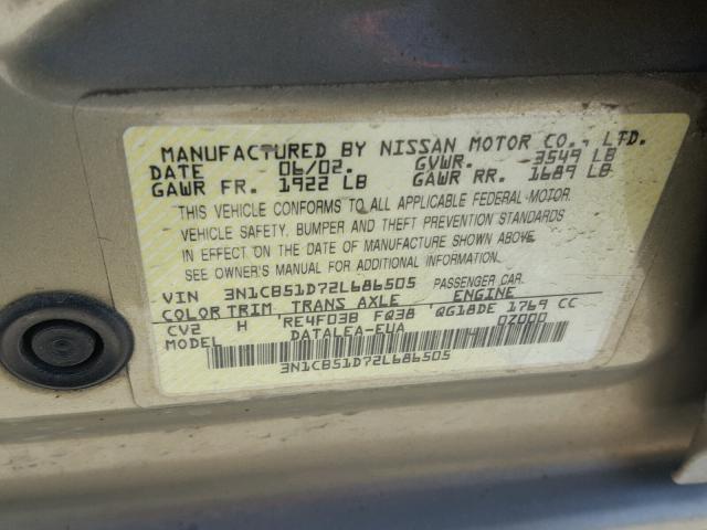 3N1CB51D72L686505 - 2002 NISSAN SENTRA XE TAN photo 10