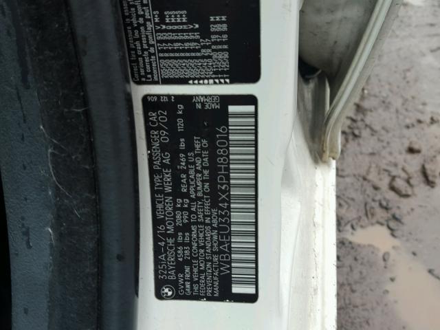 WBAEU334X3PH88016 - 2003 BMW 325 XI WHITE photo 10