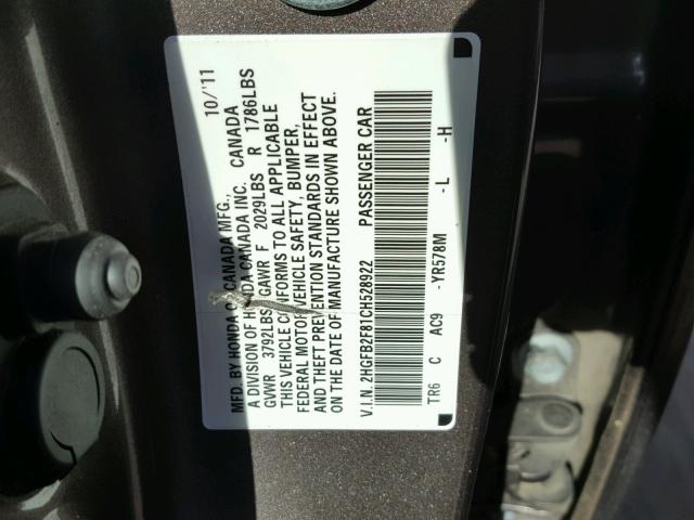 2HGFB2F81CH528922 - 2012 HONDA CIVIC EX BROWN photo 10