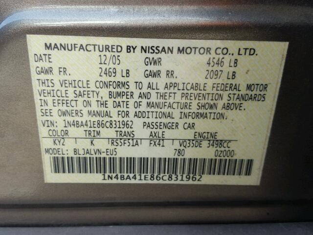 1N4BA41E86C831962 - 2006 NISSAN MAXIMA SE GRAY photo 10