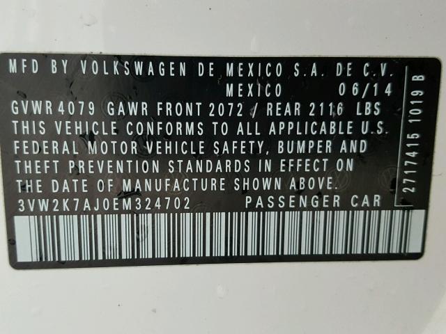 3VW2K7AJ0EM324702 - 2014 VOLKSWAGEN JETTA BASE 白色 照片 10