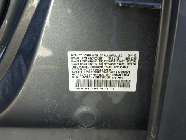 5FNYF3H21DB038000 - 2013 HONDA PILOT LX GRAY photo 10