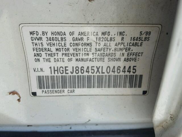 1HGEJ8645XL046445 - 1999 HONDA CIVIC EX WHITE photo 10