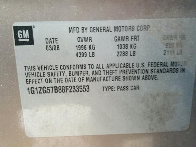 1G1ZG57B88F233553 - 2008 CHEVROLET MALIBU LS Qızıl foto 10