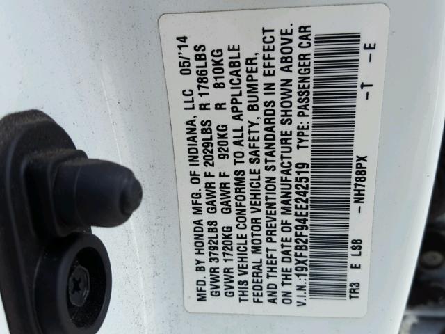 19XFB2F94EE242519 - 2014 HONDA CIVIC EXL WHITE photo 10