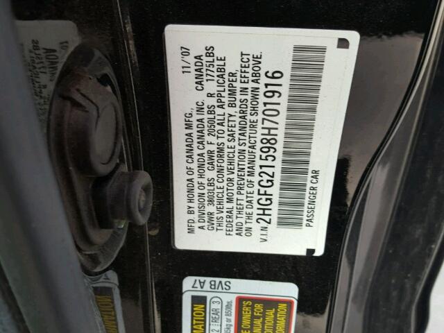 2HGFG21598H701916 - 2008 HONDA CIVIC SI BLACK photo 10