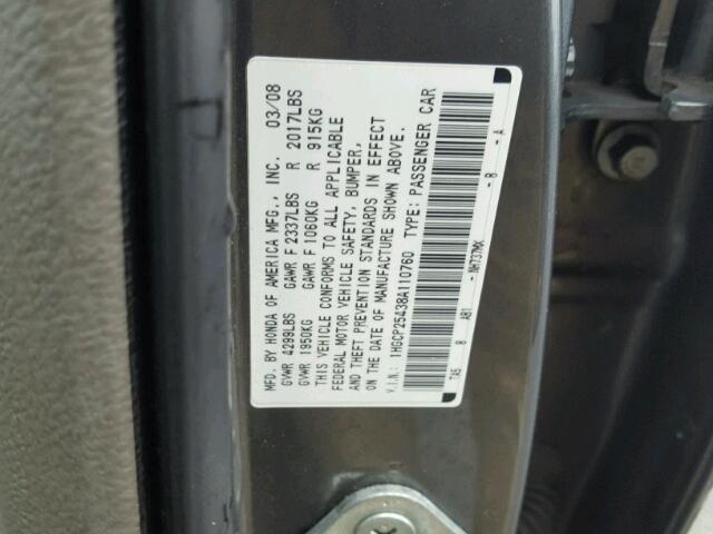 1HGCP25438A110760 - 2008 HONDA ACCORD LXP GRAY photo 10