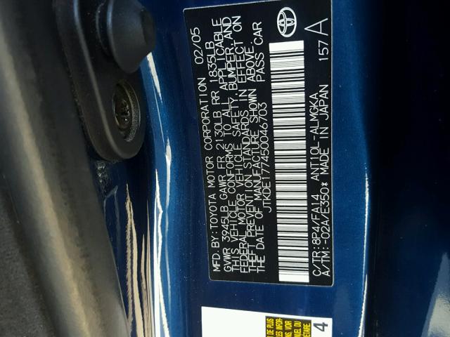 JTKDE177450046703 - 2005 TOYOTA SCION BLUE photo 10