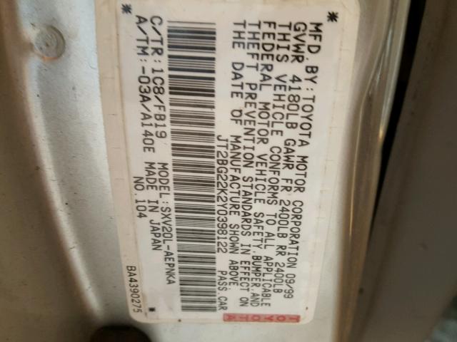 JT2BG22K2Y0398122 - 2000 TOYOTA CAMRY CE TAN photo 10