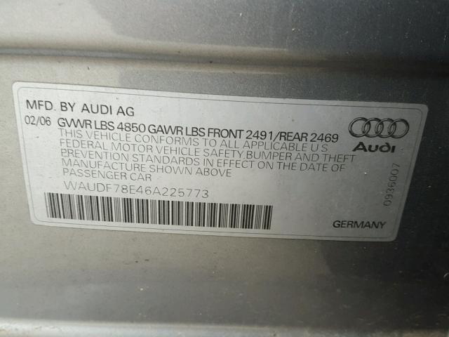 WAUDF78E46A225773 - 2006 AUDI A4 2.0T QU SILVER photo 10