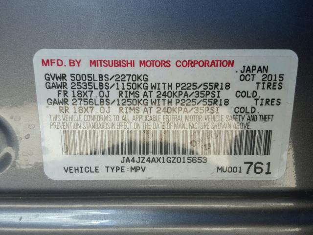 JA4JZ4AX1GZ015653 - 2016 MITSUBISHI OUTLANDER SILVER photo 10