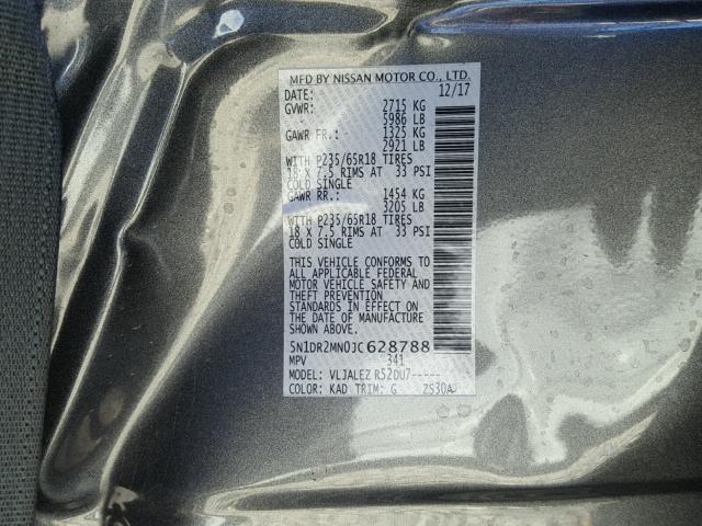 5N1DR2MN0JC628788 - 2018 NISSAN PATHFINDER GRAY photo 10
