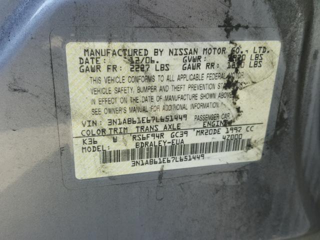 3N1AB61E67L651449 - 2007 NISSAN SENTRA 2.0 SILVER photo 10