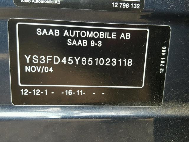 YS3FD45Y651023118 - 2005 SAAB 9-3 ARC BLUE photo 10