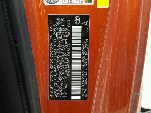 JTNJJXB03CJ018171 - 2012 TOYOTA SCION IQ ORANGE photo 10