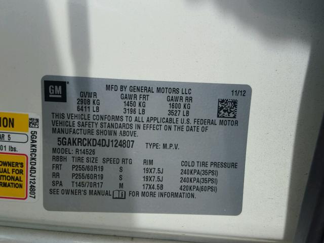 5GAKRCKD4DJ124807 - 2013 BUICK ENCLAVE WHITE photo 10