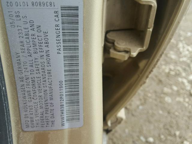 WVWTH63B12P011900 - 2002 VOLKSWAGEN PASSAT GLX 金色 照片 10