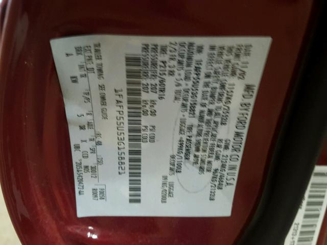 1FAFP55U53G158821 - 2003 FORD TAURUS SES RED photo 10