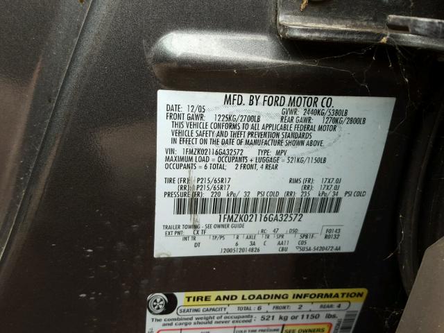 1FMZK02116GA32572 - 2006 FORD FREESTYLE GRAY photo 10