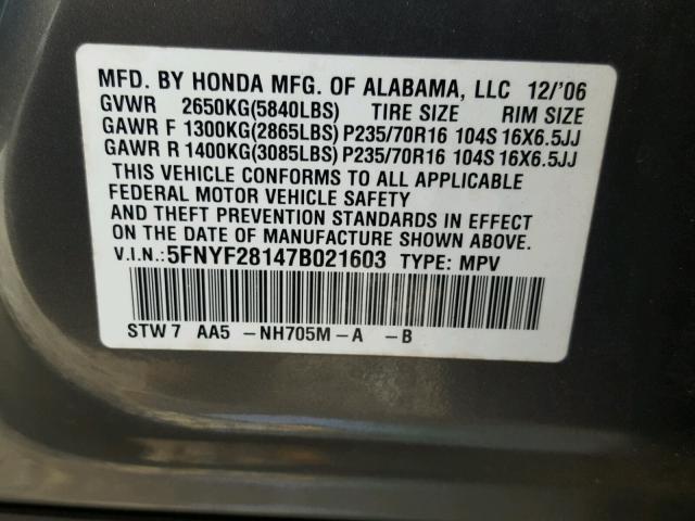 5FNYF28147B021603 - 2007 HONDA PILOT LX GRAY photo 10