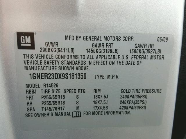 1GNER23DX9S181350 - 2009 CHEVROLET TRAVERSE L SILVER photo 10