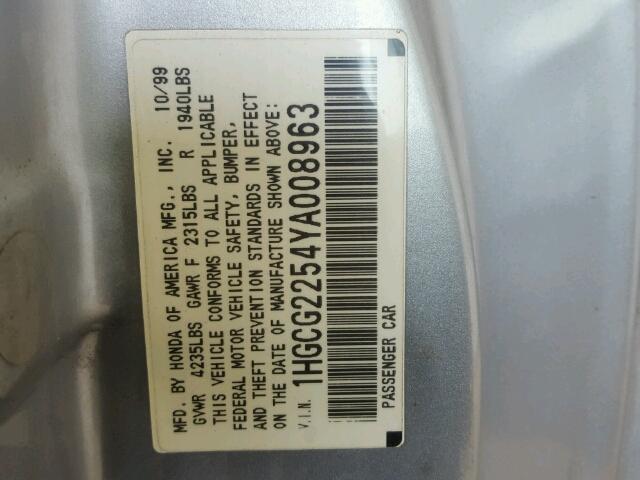 1HGCG2254YA008963 - 2000 HONDA ACCORD EX SILVER photo 10