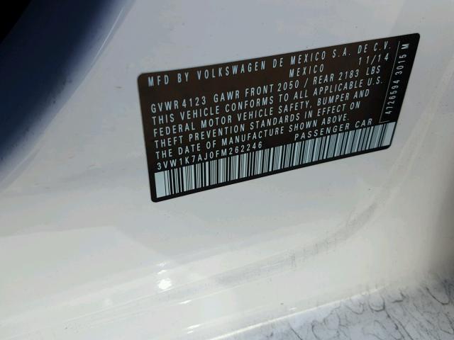 3VW1K7AJ0FM262246 - 2015 VOLKSWAGEN JETTA BASE 白色 照片 10