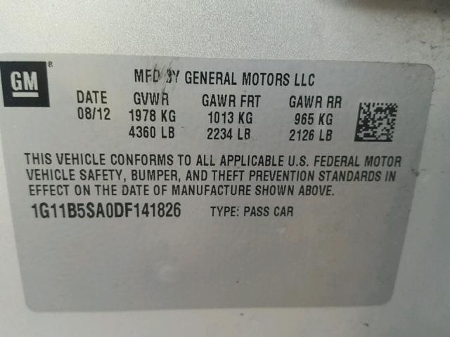 1G11B5SA0DF141826 - 2013 CHEVROLET MALIBU LS ვერცხლისფერი ფოტო 10