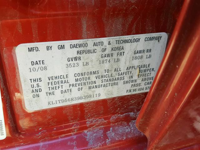 KL1TD56E39B398119 - 2009 CHEVROLET AVEO LS RED photo 10