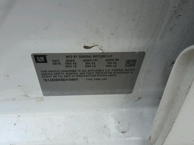 1G1JA6SH4G4104641 - 2016 CHEVROLET SONIC LS 白色 照片 10