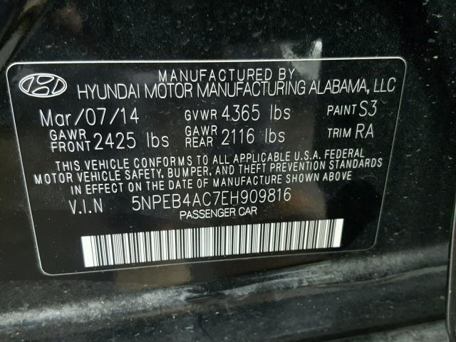 5NPEB4AC7EH909816 - 2014 HYUNDAI SONATA GLS BLACK photo 10