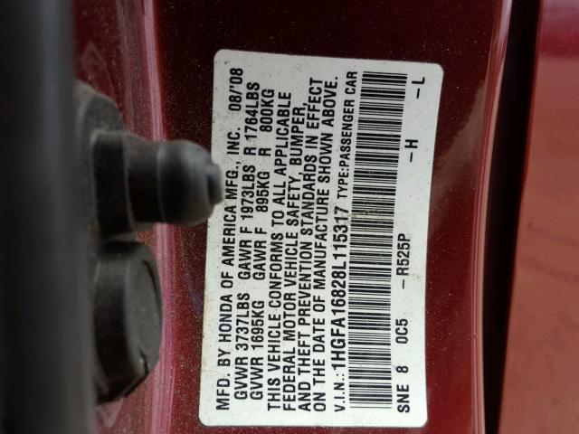 1HGFA16828L115317 - 2008 HONDA CIVIC EX RED photo 10