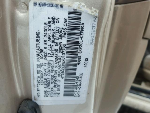 4T1BG22K8XU437760 - 1999 TOYOTA CAMRY CE GOLD photo 10