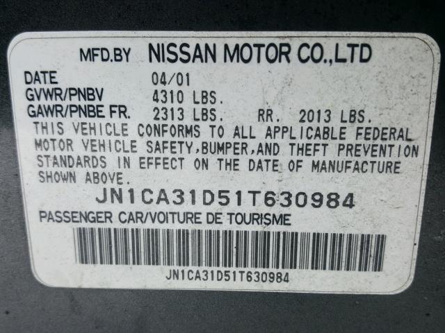 JN1CA31D51T630984 - 2001 NISSAN MAXIMA GXE BLACK photo 10