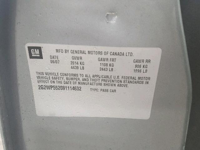 2G2WP552081114632 - 2008 PONTIAC GRAND PRIX GRAY photo 10