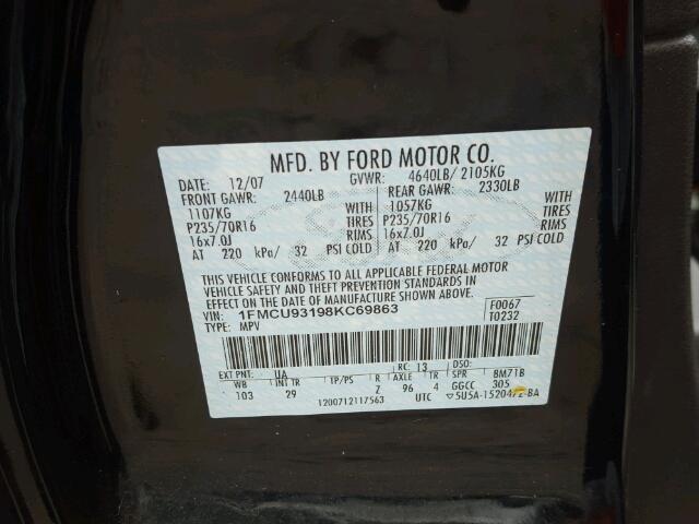 1FMCU93198KC69863 - 2008 FORD ESCAPE XLT BLACK photo 10