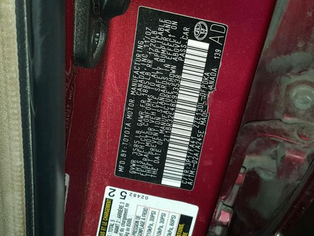 2T1BR32E48C933538 - 2008 TOYOTA COROLLA CE RED photo 10