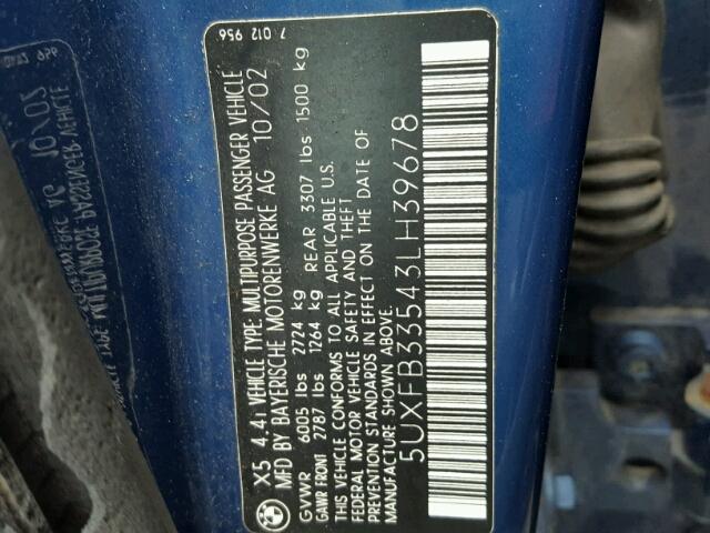 5UXFB33543LH39678 - 2003 BMW X5 4.4I BLUE photo 10