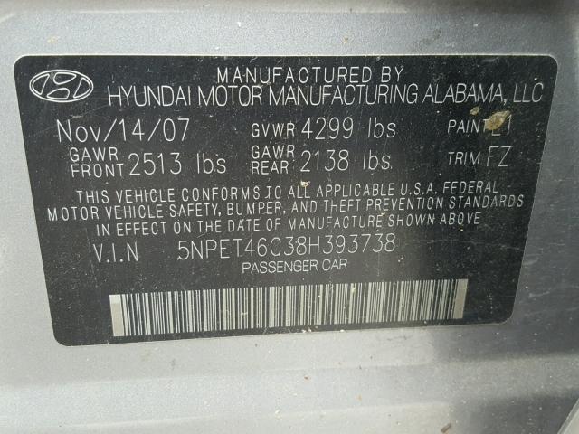 5NPET46C38H393738 - 2008 HYUNDAI SONATA GLS GRAY photo 10